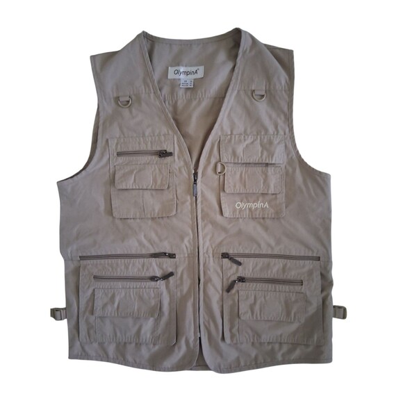 OlympinA Mens Sz S Fishing Vest Brown Khaki Hunting Camping Zip Up Pockets - Picture 1 of 6